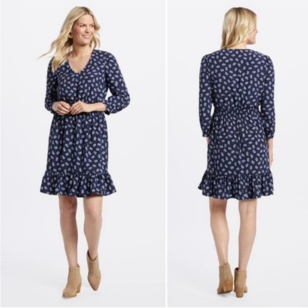 Draper James Blue Floral Long Sleeve Pull On V-Neck Peasant Dress Size Large